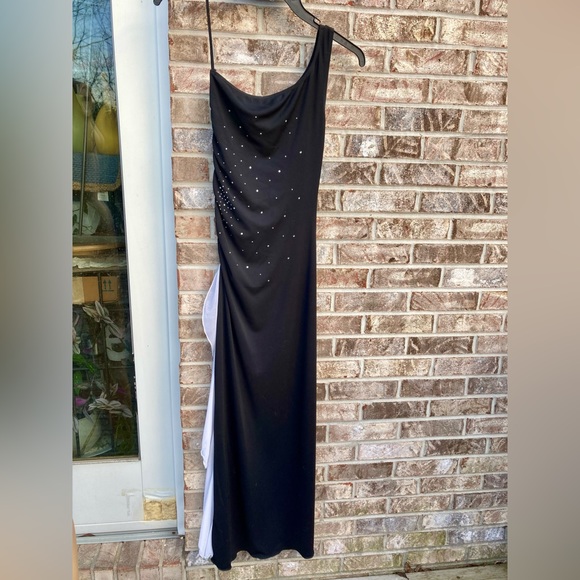 Y2K Black & White Ruffle Rhinestone Goth Prom Dress - Picture 6 of 10